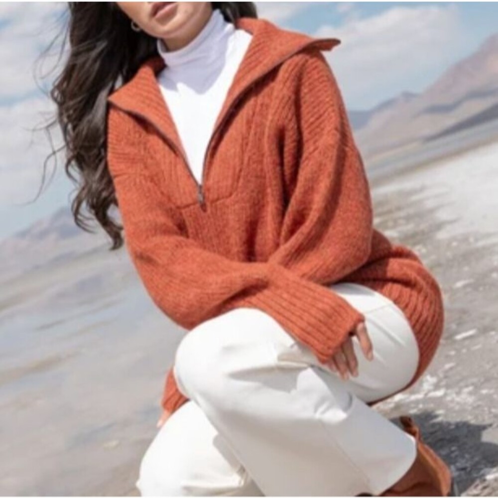 Alpaca Collections Kim Half Zip 100% Baby Alpaca Sweater L/XL Warm Rust